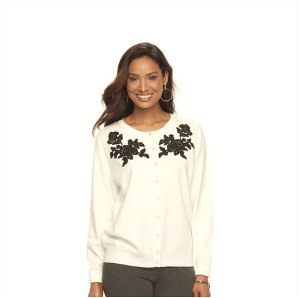 Black Rose Lace Applique Croft & Barrow Cardigan Sweater